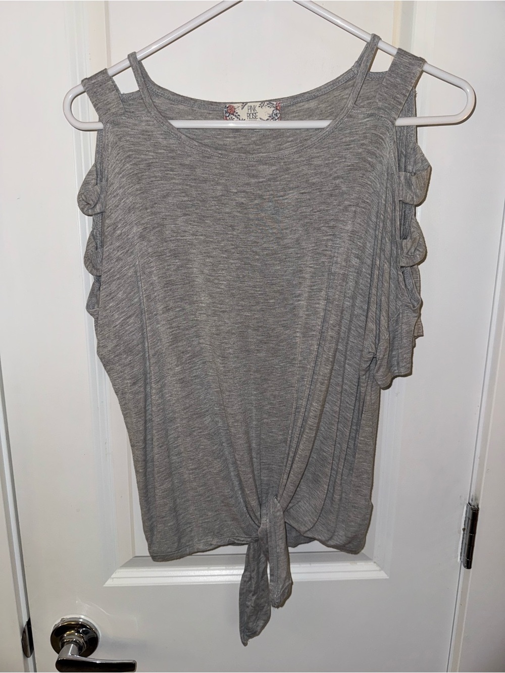 Pink Rose Gray T-Shirt with Cold-Shoulder and Arm Cut Outs with Tie-Front Size M